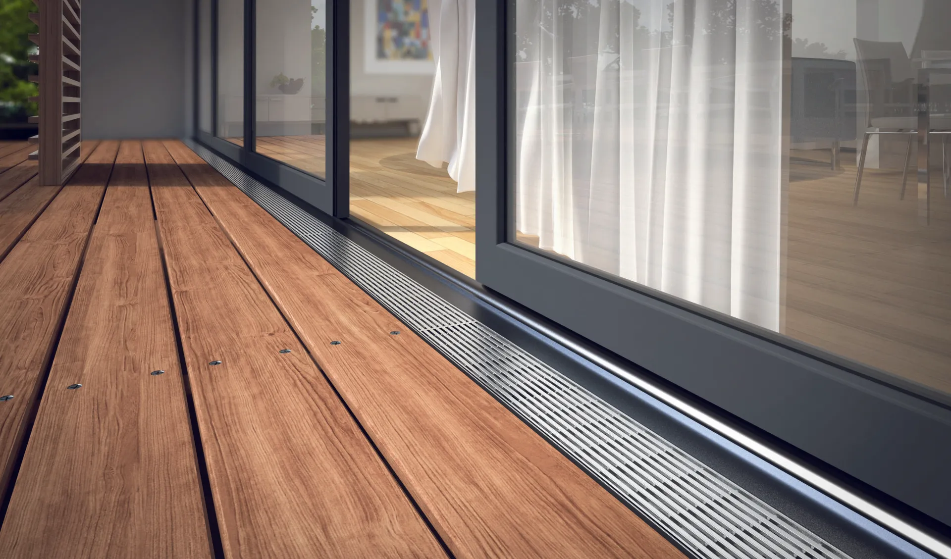 Holzterrasse am Fenster